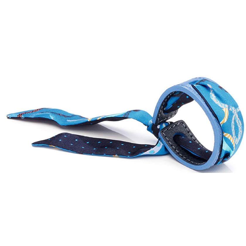 Bracelet Cuir et Lien en Twill de soie imprimé Lien rubans et Pois col 2 bleu ciel