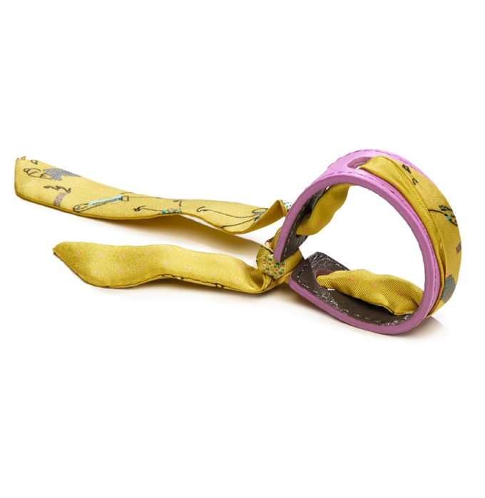 Bracelet Cuir et Lien en Twill de soie imprimé Foule col 3 jaune mauve