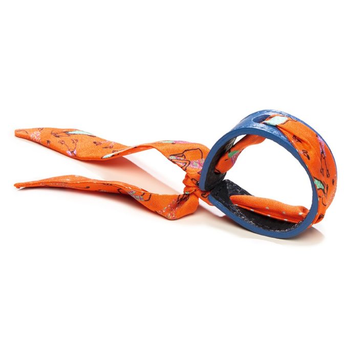 Bracelet Cuir et Lien en Twill de soie imprimé Foule col 4 orange bleu