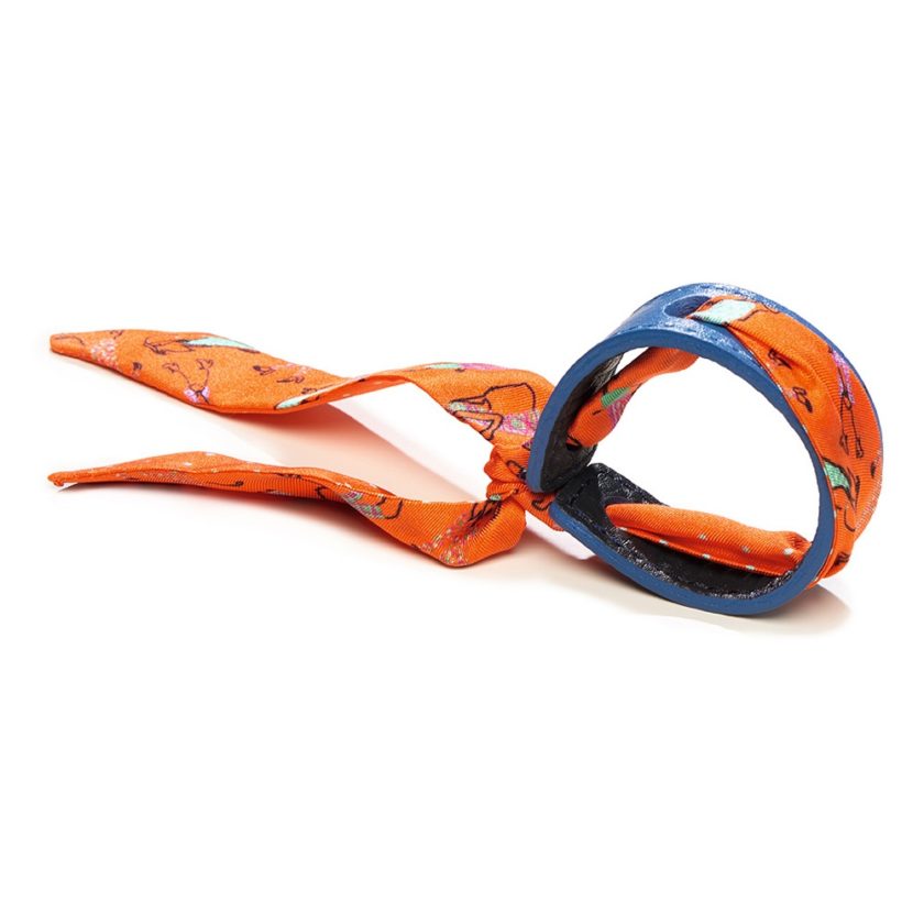 Bracelet Cuir et Lien en Twill de soie imprimé Foule col 4 orange bleu