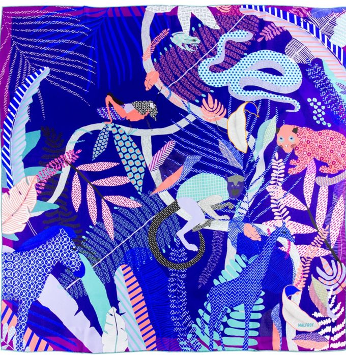 Carré de soie, twill de soie imprimé Bestiaire violet saumon