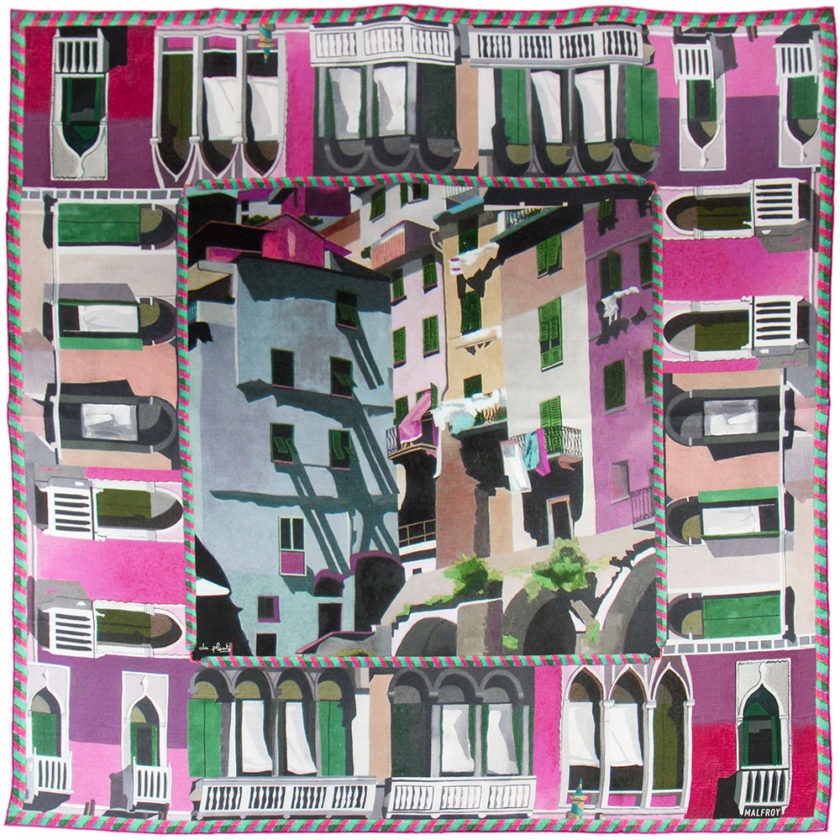 Carré de soie, twill de soie imprimé Les Balcons Venitiens de l'Artiste Anne du Planty col 4 fuchsia