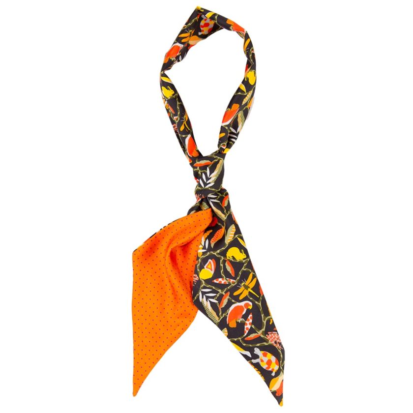 Twilly en twill de soie imprimé Faune et Flore et mini Pois col 2 Rouge Orange