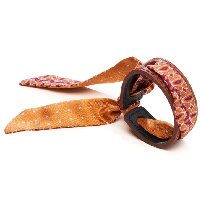 Bracelet Cuir et Lien en Twill de soie imprimé Ovales et Mini Pois col 3 caramel