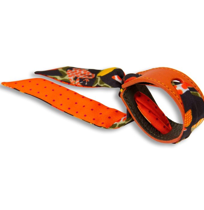 Bracelet Cuir et Lien en Twill de soie imprimé Faune et Mini Pois col 2 orange