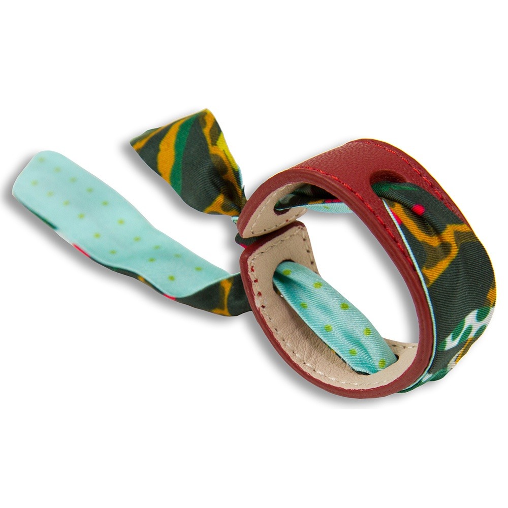 Bracelet Cuir et Lien en Twill de soie imprimé Faune et Mini Pois col 3 vert rouge