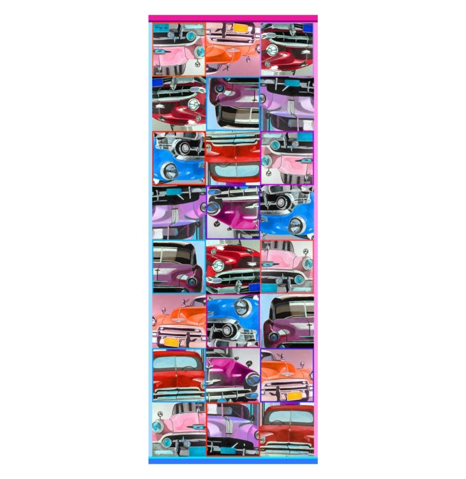 Echarpe en laine et soie 67x180 Puzzle de Carrosseries de l'Artiste Anne Du Planty col 2 fuchsia bleu