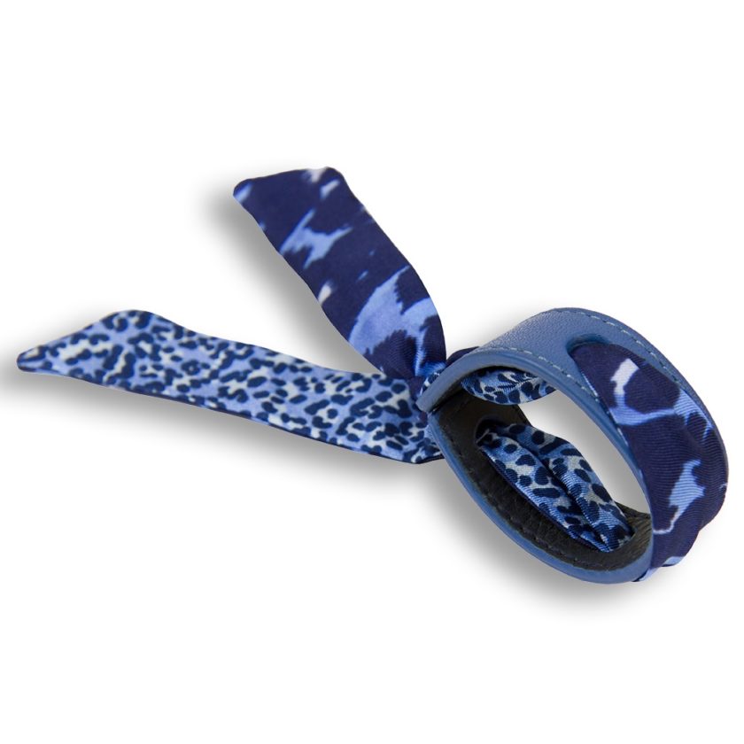 Bracelet Cuir et Lien en Twill de soie imprimé Léopard col 1 marine ciel