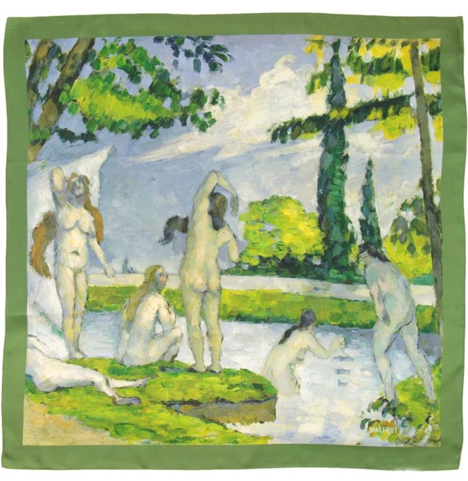 Bandana en soie, Twill de soie imprimé Cézanne Baigneuse col 2 Kaki