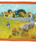 Carré de soie 67, twill de soie imprimé Ban Gogh Mas en provence col 1 Orange