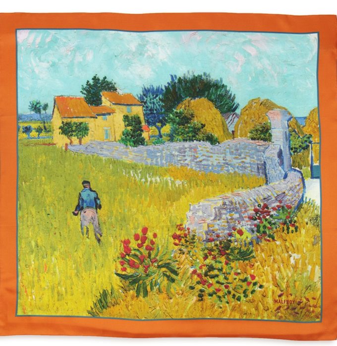 Carré de soie 67, twill de soie imprimé Ban Gogh Mas en provence col 1 Orange