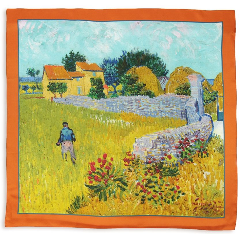 Carré de soie 67, twill de soie imprimé Ban Gogh Mas en provence col 1 Orange