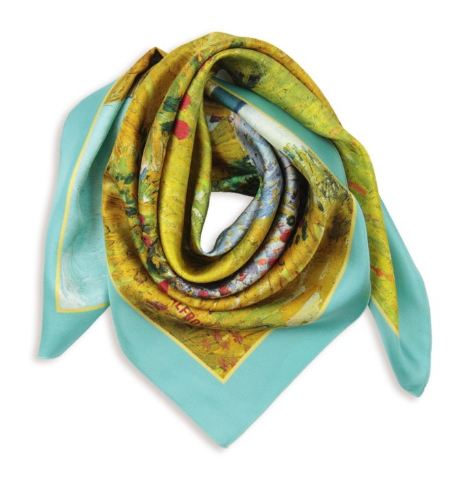 Carré de soie 67, twill de soie imprimé Ban Gogh Mas en provence col 2 turquoise