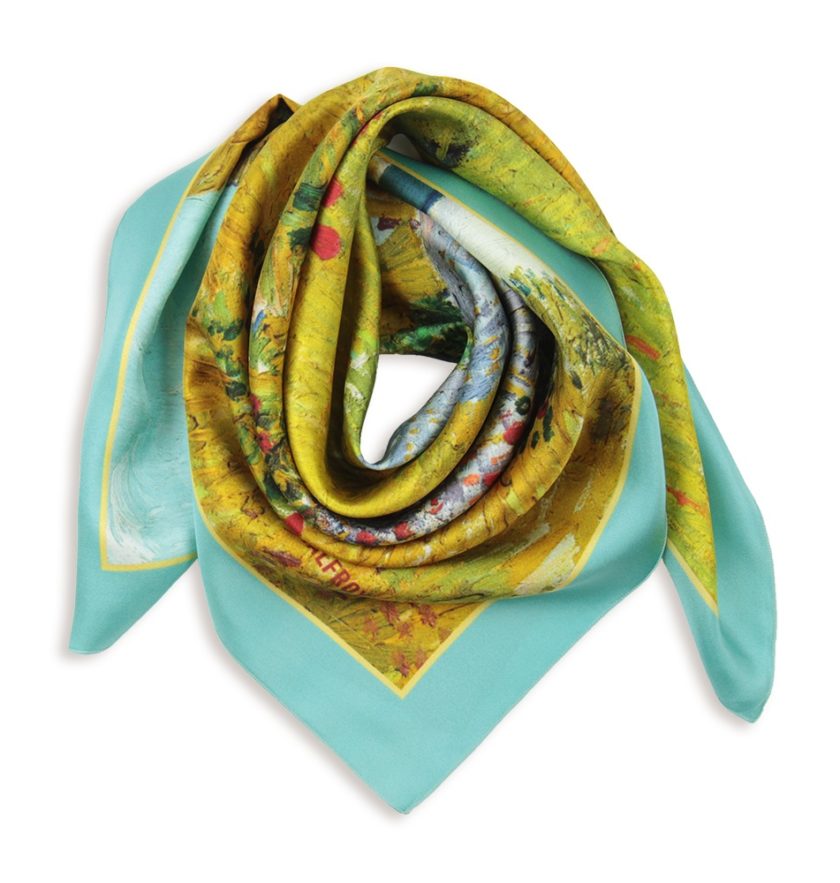 Carré de soie 67, twill de soie imprimé Ban Gogh Mas en provence col 2 turquoise