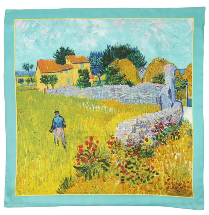 Carré de soie 67, twill de soie imprimé Ban Gogh Mas en provence col 2 turquoise