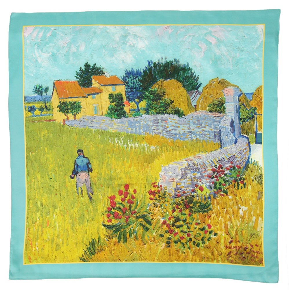 Bandana en soie, twill de soie imprimé Ban Gogh Mas en provence col 2 turquoise