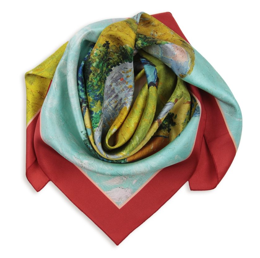 Carré de soie 67, twill de soie imprimé Ban Gogh Mas en provence col 3 rouge