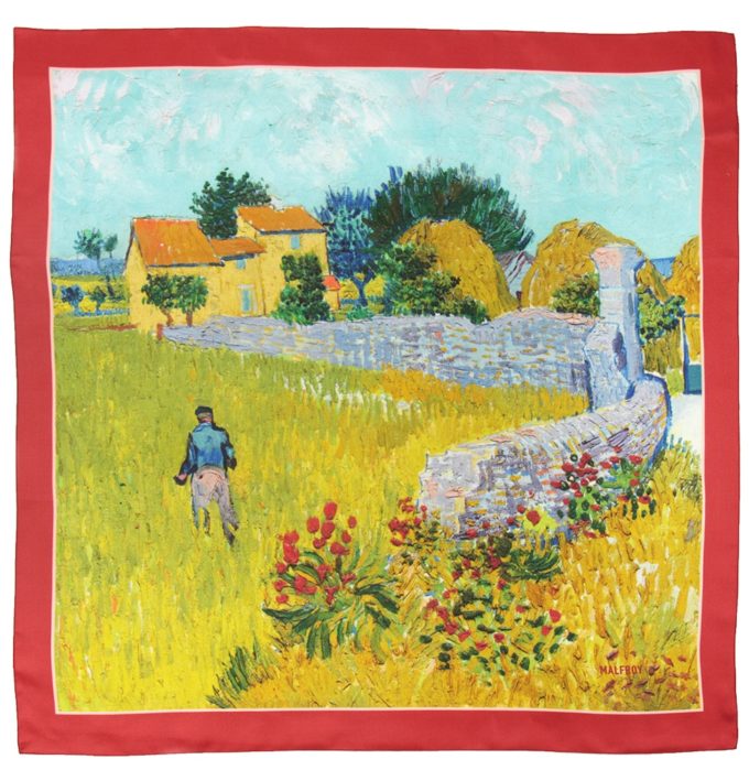 Carré de soie 67, twill de soie imprimé Ban Gogh Mas en provence col 3 rouge