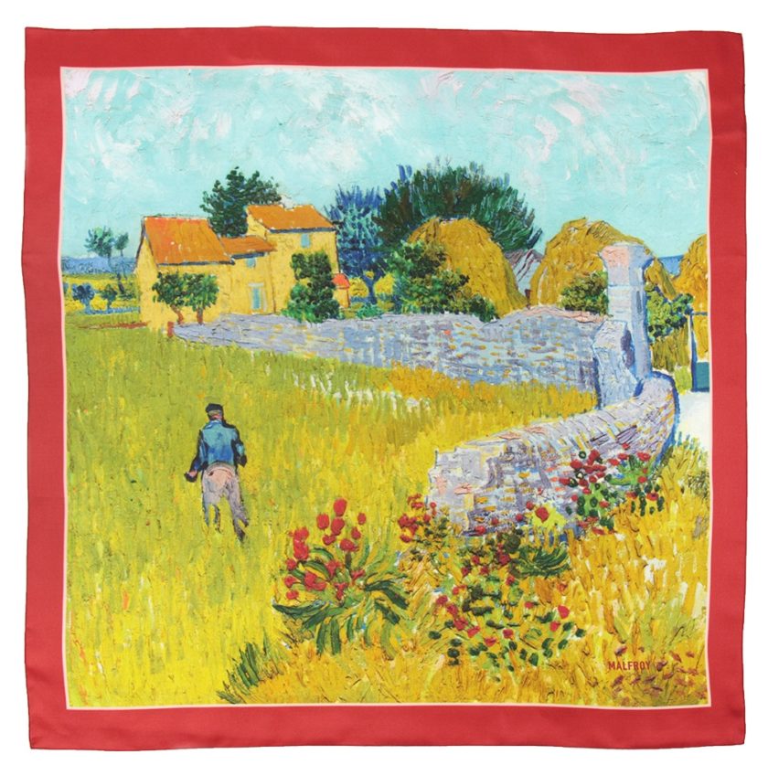Carré de soie 67, twill de soie imprimé Ban Gogh Mas en provence col 3 rouge