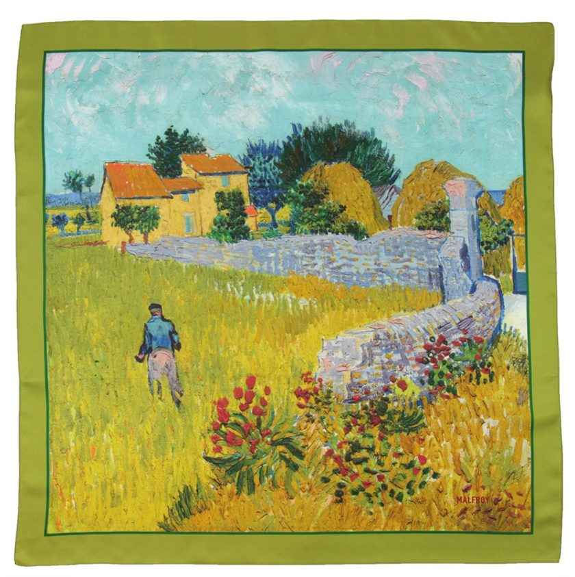 Carré de soie 67, twill de soie imprimé Ban Gogh Mas en provence col 4 Kaki