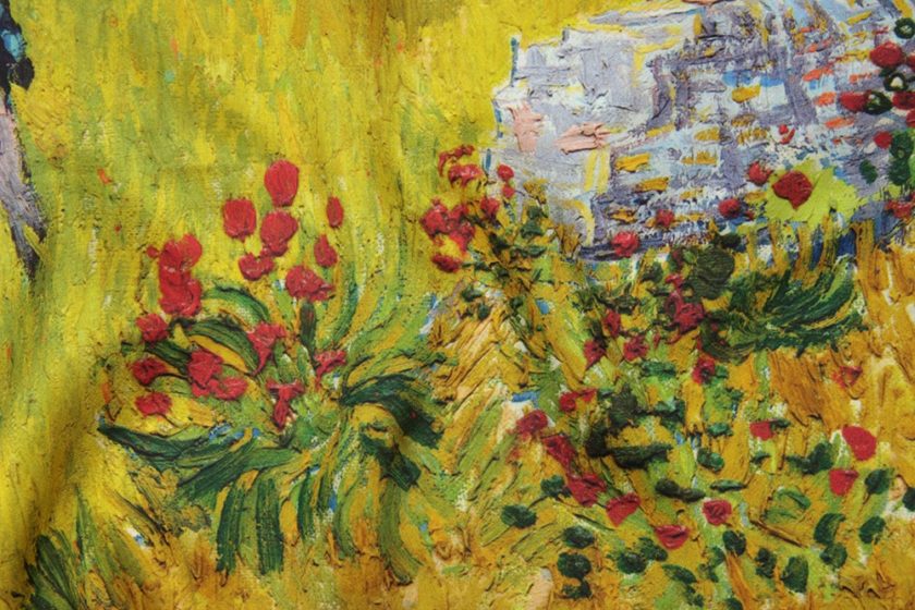 Carré de soie 67, twill de soie imprimé Ban Gogh Mas en provence col 4 Kaki