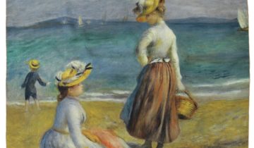 Carré de soie 90, twill de soie imprimé Renoir Silhouettes sur la plage – Roulotté Orange