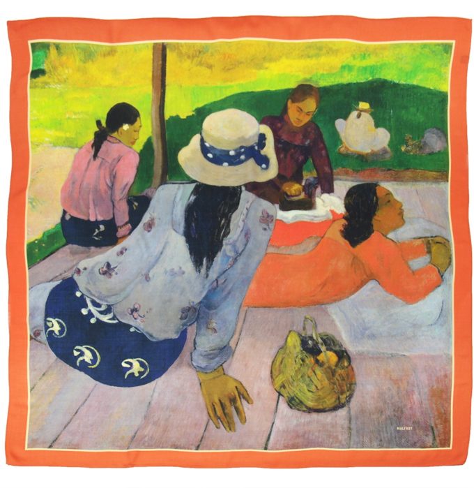 Carré en laine et soie 120 imprimée Gauguin La sieste col 2 orange