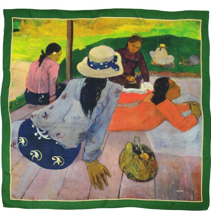 Carré en laine et soie 120 imprimée Gauguin La sieste col 4 vert