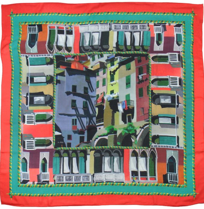Carré en laine et soie 120 imprimée Façades Vénitiennes de l'artiste Anne du Planty col 1 rouge