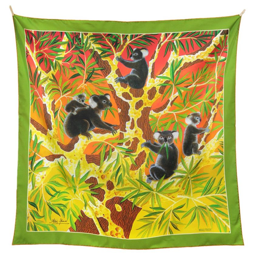 Carré de soie, twill de soie imprimé Les Koalas de l'Artiste Alain Thomas col 2 vert