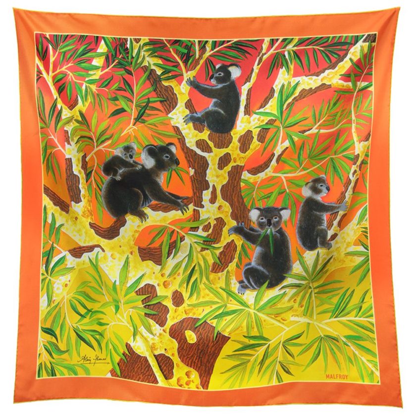 Carré de soie, twill de soie imprimé Les Koalas de l'Artiste Alain Thomas col 1-1 orange