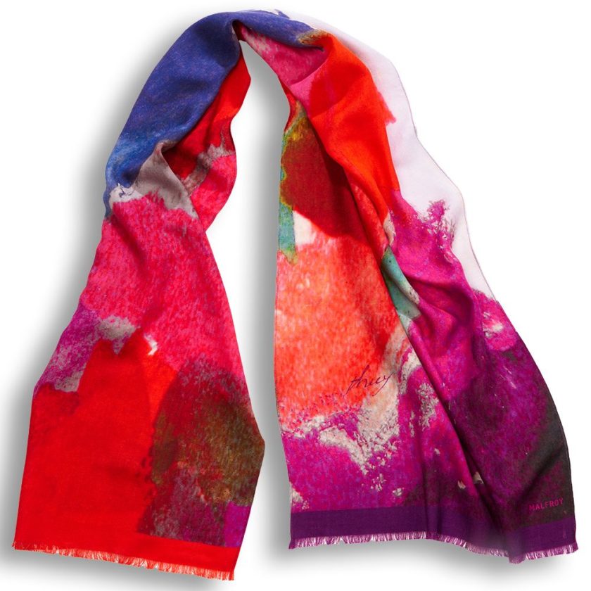 Echarpe en Laine et soie imprimée Painting de l'artiste Thuy col 2 aubergine violet
