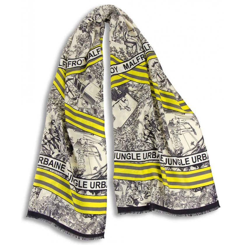 Echarpe en laine et soie 67x180 imprimée Toile de Jouy col 2 noir gris
