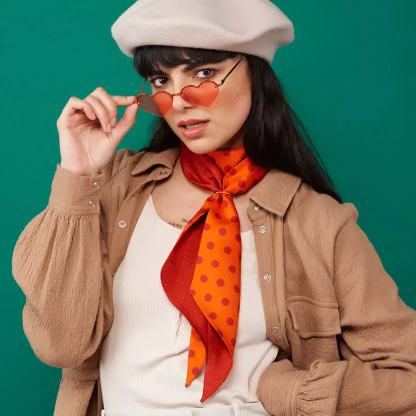 Twilly en twill de soie imprimé Gros et mini Pois col 18 Orange Rouge