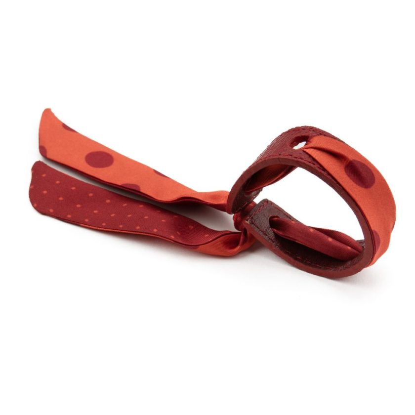 Bracelet Cuir et Lien en Twill de soie imprimé Pois col 17 Orange Rouge