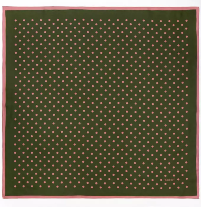 Carré de soie 67, Twill de soie imprimé Pois col 14 Kaki