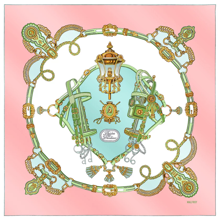 Carré en twill de soie 90 imprimé Brides et Frontaux - Rose