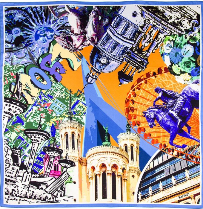 Carré de soie 67, Twill de soie imprimé Lyon col 2 Orange Bleu