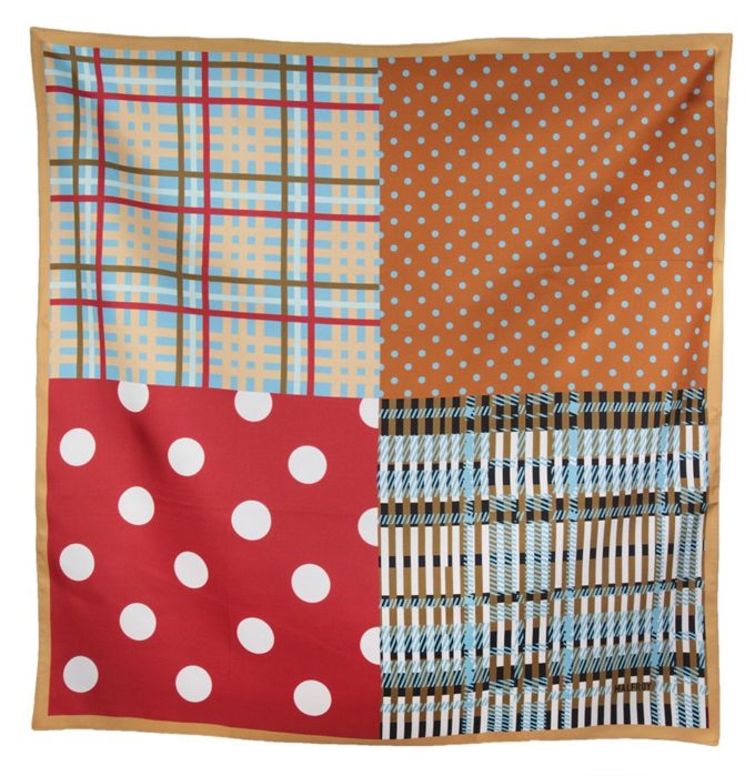 Carré en soie 67, Twill de soie imprimé Meli Melo Pois Ecossais col 2 CARMIN BEIGE