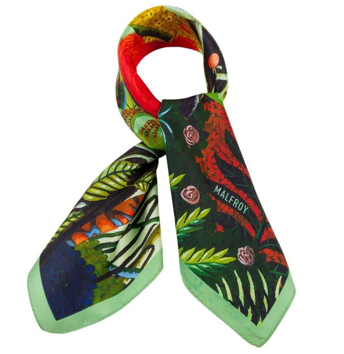 Carré de soie 67, twill de Soie imprimé Coq de Roche, de l'artiste Alain Thomas col 4 vert