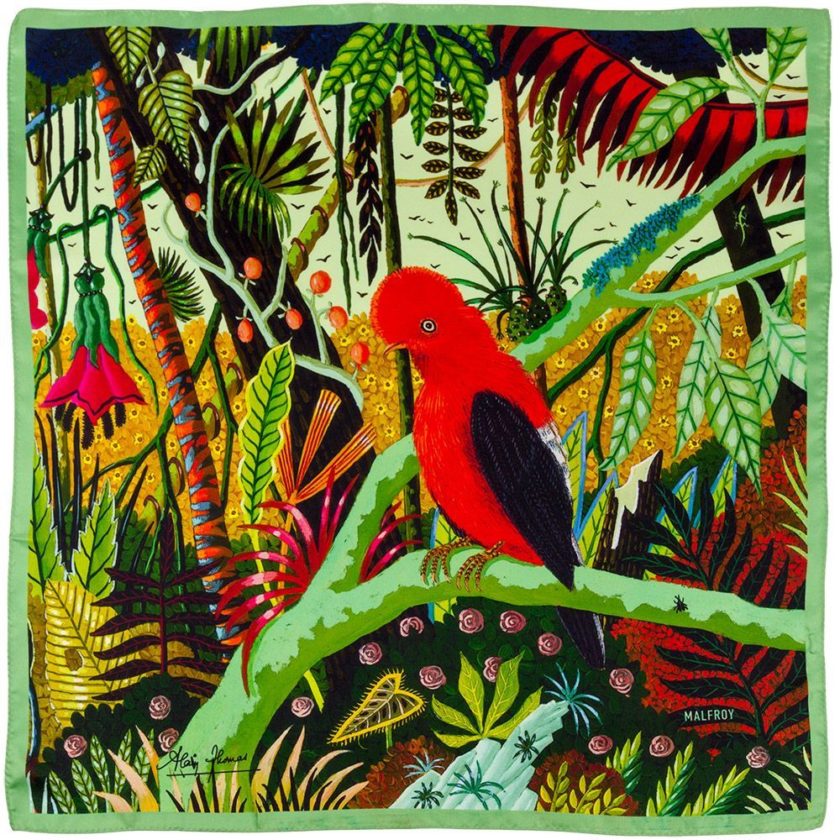 Carré de soie 67, twill de Soie imprimé Coq de Roche, de l'artiste Alain Thomas col 4 vert