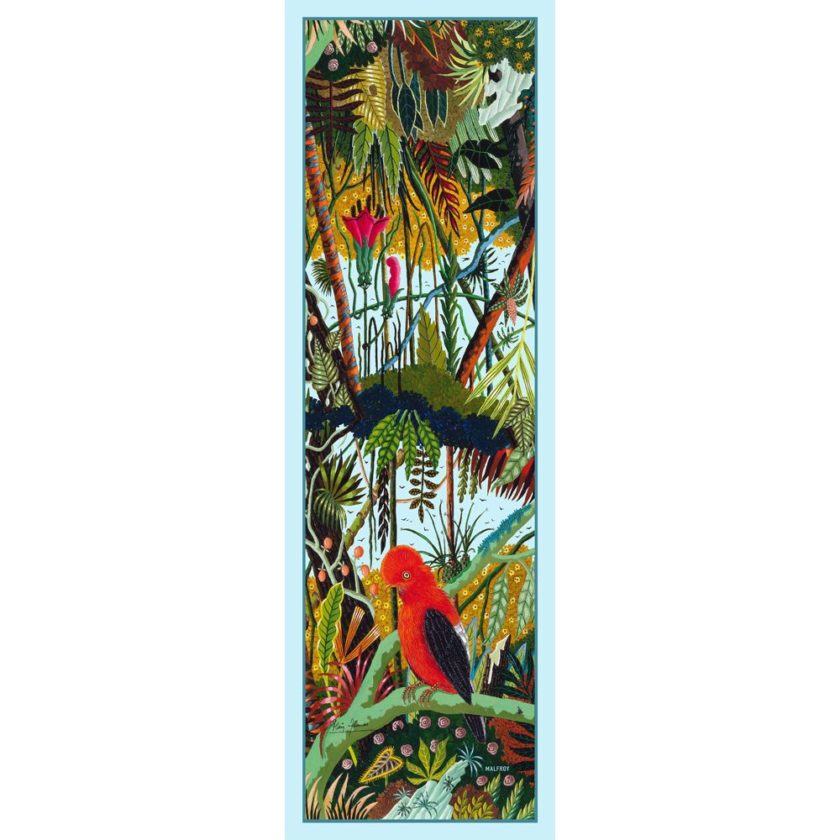 Echarpe en soie, Mousseline de soie imprimé Coq de Roche de l'artiste Alain Thomas col 2 Ciel
