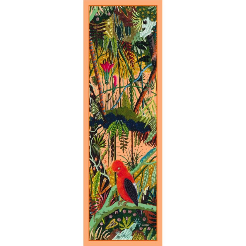 Echarpe en soie, Mousseline de soie imprimé Coq de Roche de l'artiste Alain Thomas col 4 Abricot