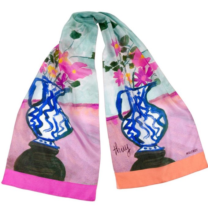 Echarpe en soie, Pongé de soie imprimé Bouquets, de l'artiste Thuy col 2 rose