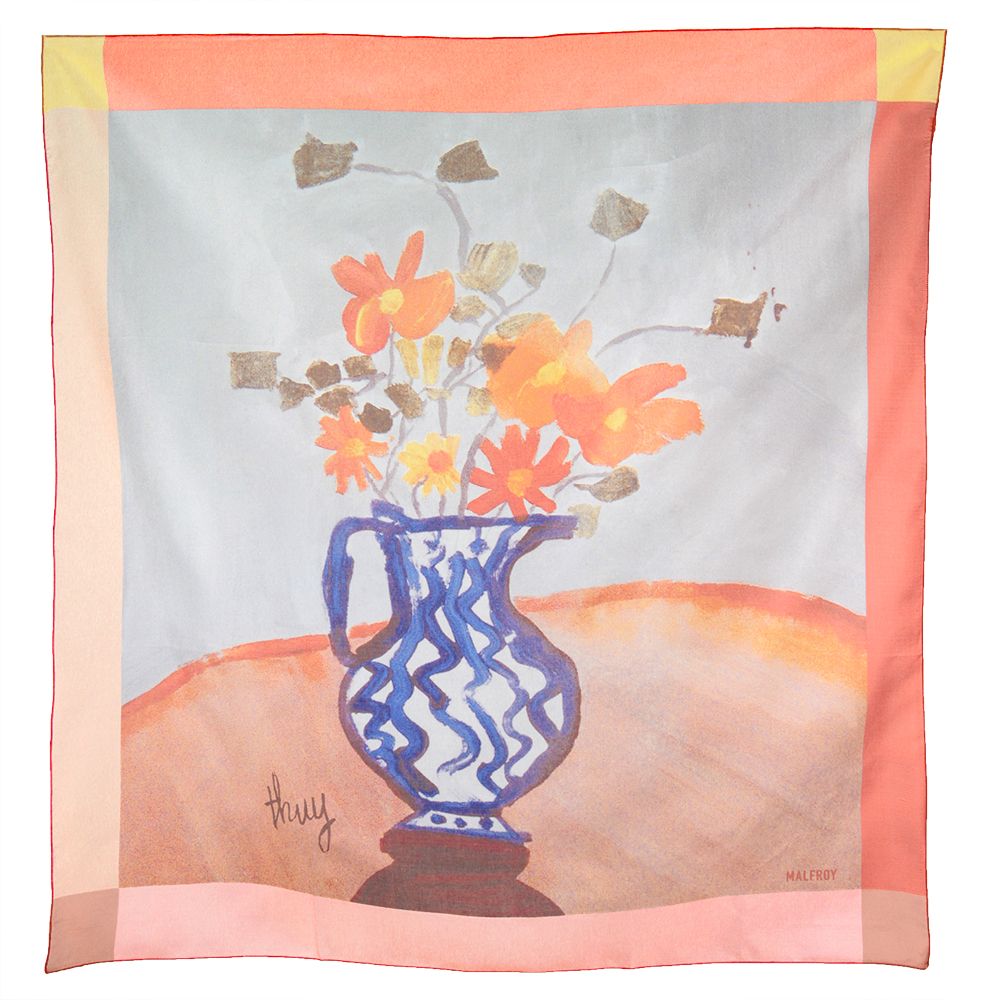 Bandana en soie, Pongé de soie imprimé Mon Bouquet, de l'artiste Thuy col 1 rose