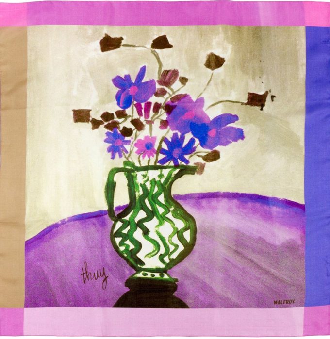 Carré de soie 67, Pongé de soie imprimé Mon Bouquet, de l'artiste Thuy col 2 parme