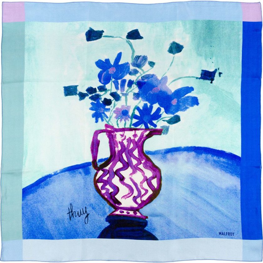 Carré de soie 67, Pongé de soie imprimé Mon Bouquet, de l'artiste Thuy col 4 bleu