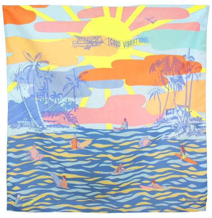 Bandana en soie, Pongé de soie imprimé Good vibrations 1 Bleu 1