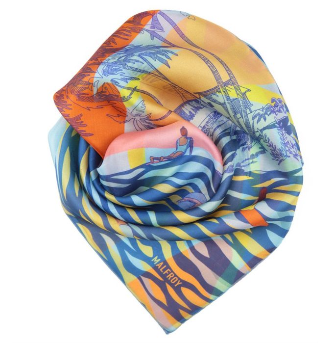 Bandana en soie, Pongé de soie imprimé Good vibrations 1 Bleu 1