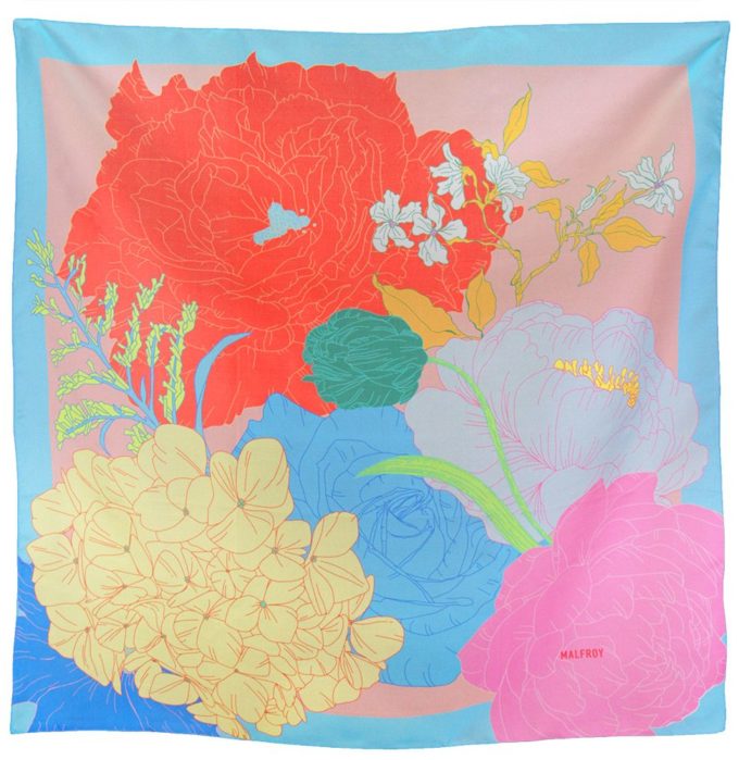 Carré de soie 67, Pongé de soie imprimé Grandes Fleurs col 4 Bleu 1